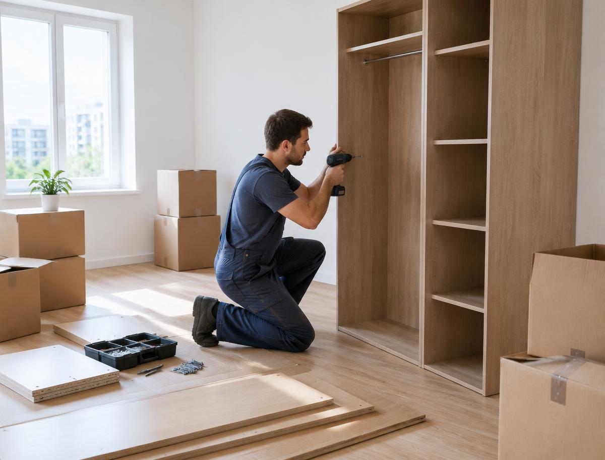 Monteur baut einen Kleiderschrank auf
